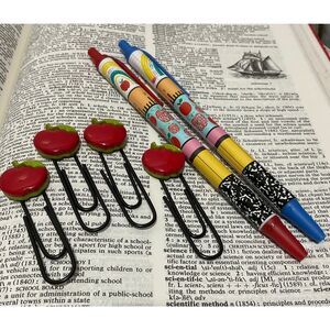 Clip 'N Button Bookmarks (4pcs) plus "Write in Style" Pens (2) ~ Teacher School